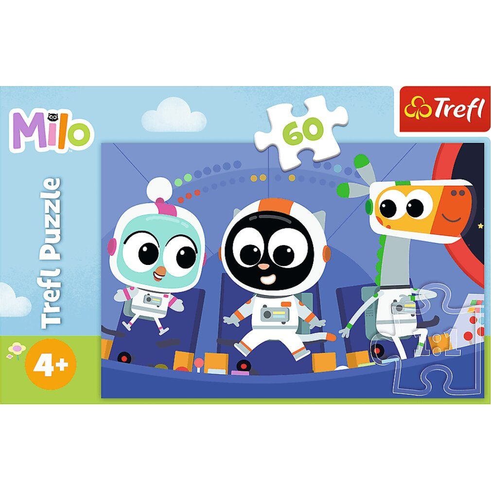 Puzzle con illustrazione di tre personaggi dei cartoni animati in tute spaziali. Testo: Trefl Puzzle, Milo, 60 pezzi, 4+.