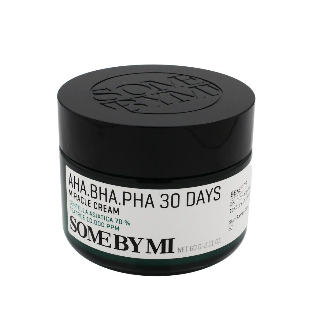 Vasetto di crema verde con coperchio nero. Scritta: AHA.BHA.PHA 30 DAYS MIRACLE CREAM. Marchio SOME BY MI.