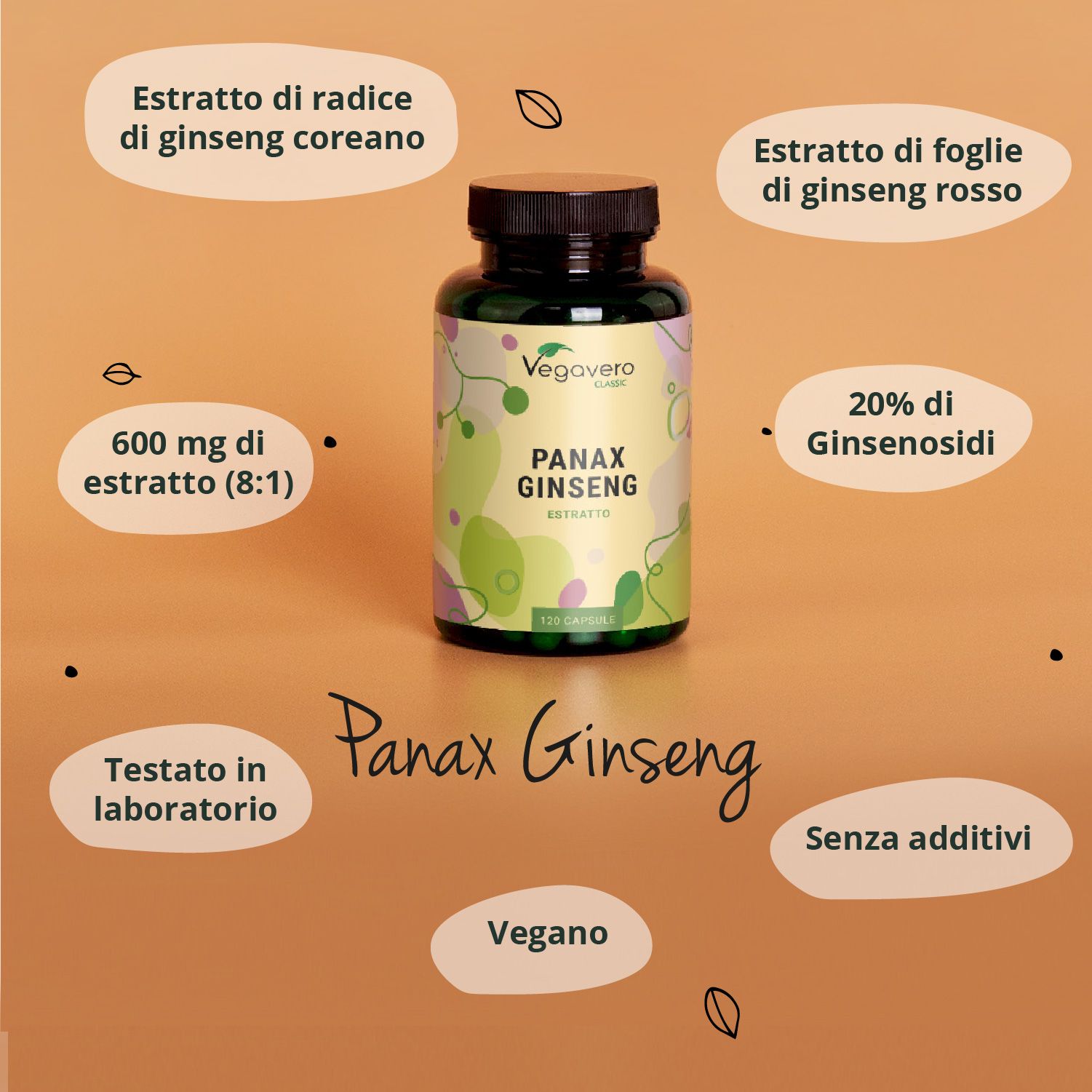 Flacone del prodotto con scritte. Scritta: Vegavaro Classic, PANAX GINSENG, 120 capsule. Ulteriori informazioni intorno al flacone.