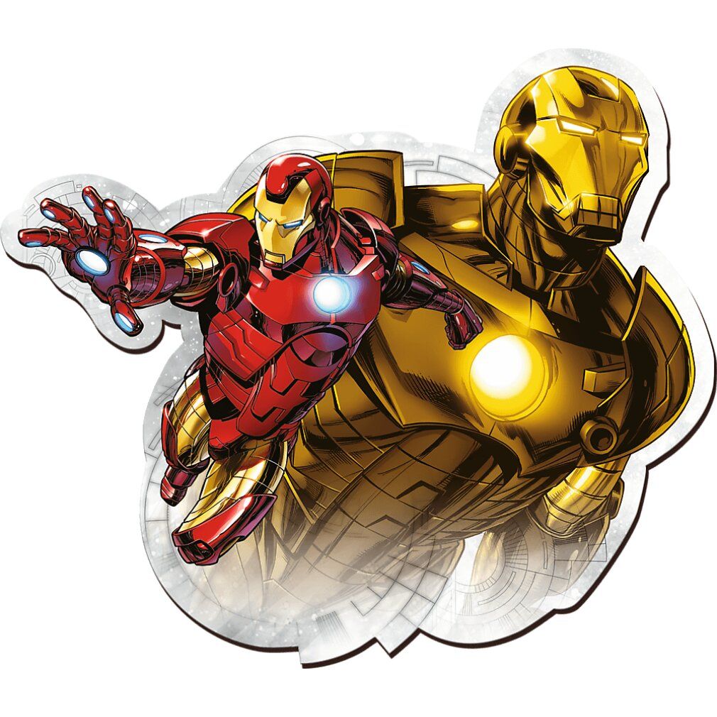 Forma ritagliata di Iron Man e di un robot dorato. Entrambi i personaggi sono raffigurati in posa di volo. Sfondo bianco.