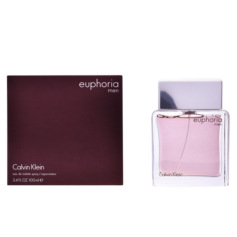 Flacone e confezione di Calvin Klein Euphoria Men. Flacone con tappo argentato, liquido rosa. Confezione marrone.