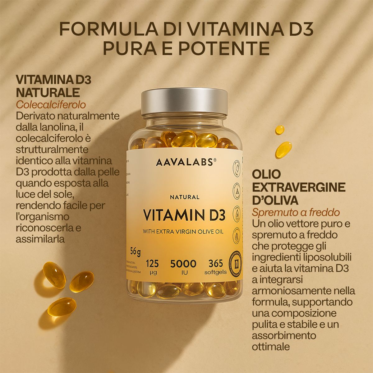 Flacone di Aavalabs Vitamina D3 Softgels con testo italiano sull'olio d'oliva.