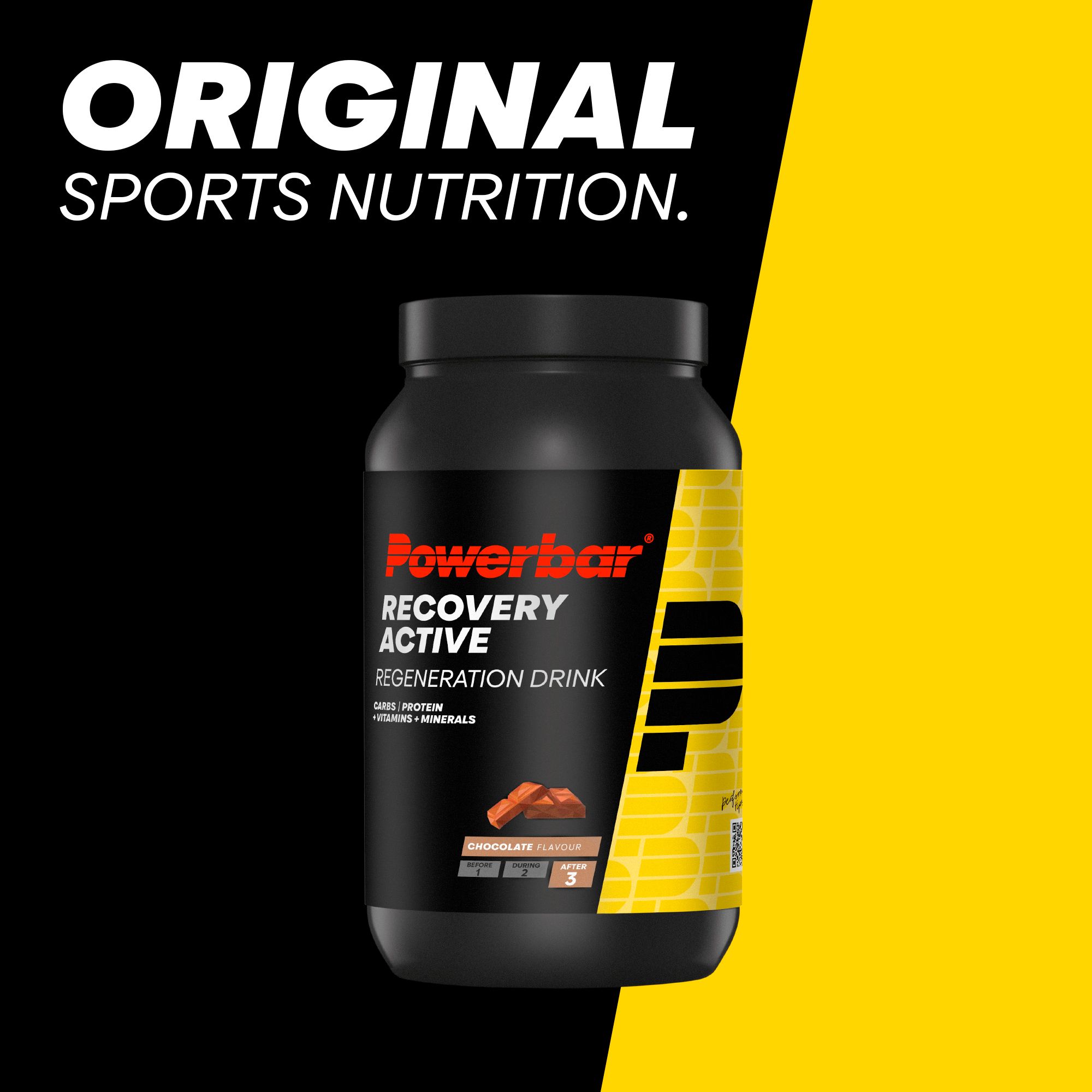 PowerBar Recovery Active Bevanda rigenerante gusto cioccolato. Barattolo nero con etichetta gialla.