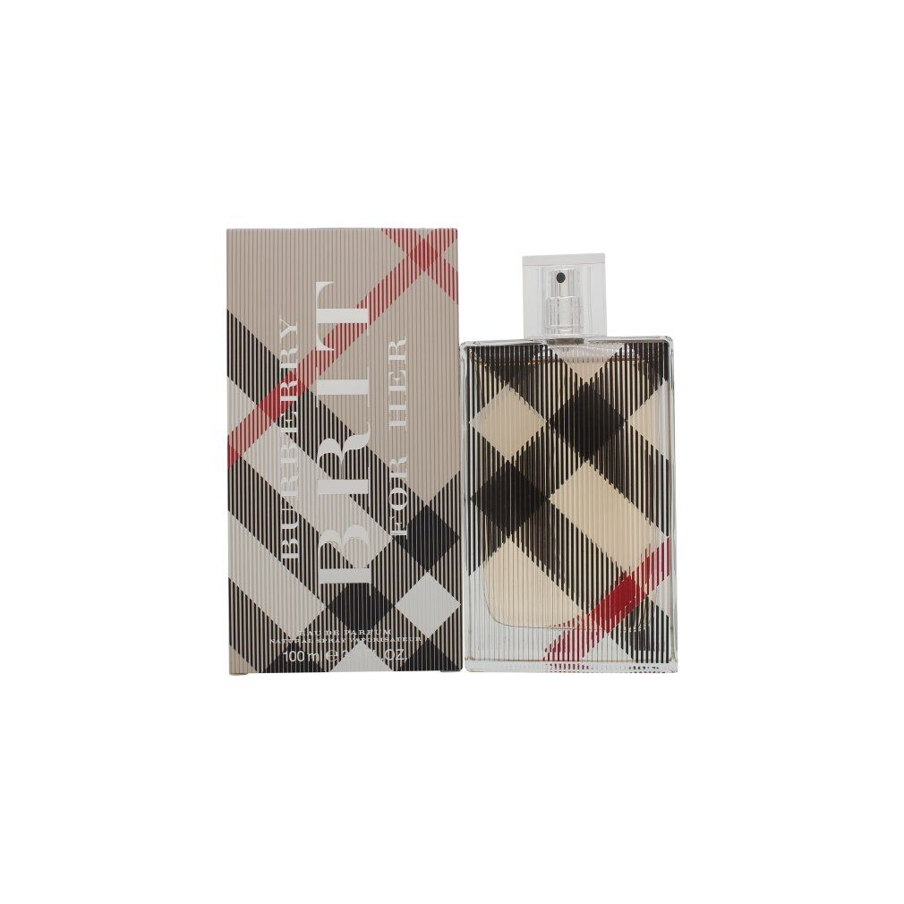 Flacone di profumo e confezione. Beige, a quadri. Scritta: Burberry Brit for Her. Flacone con vaporizzatore.