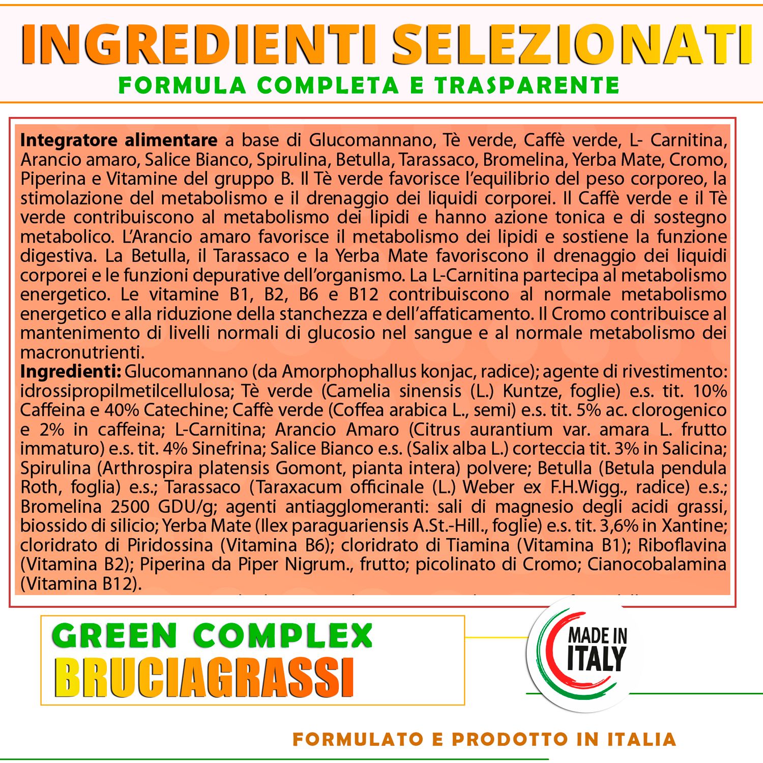 Tabella nutrizionale Nutrea Pro Bruciagrassi Green Complex, 17 ingredienti naturali.