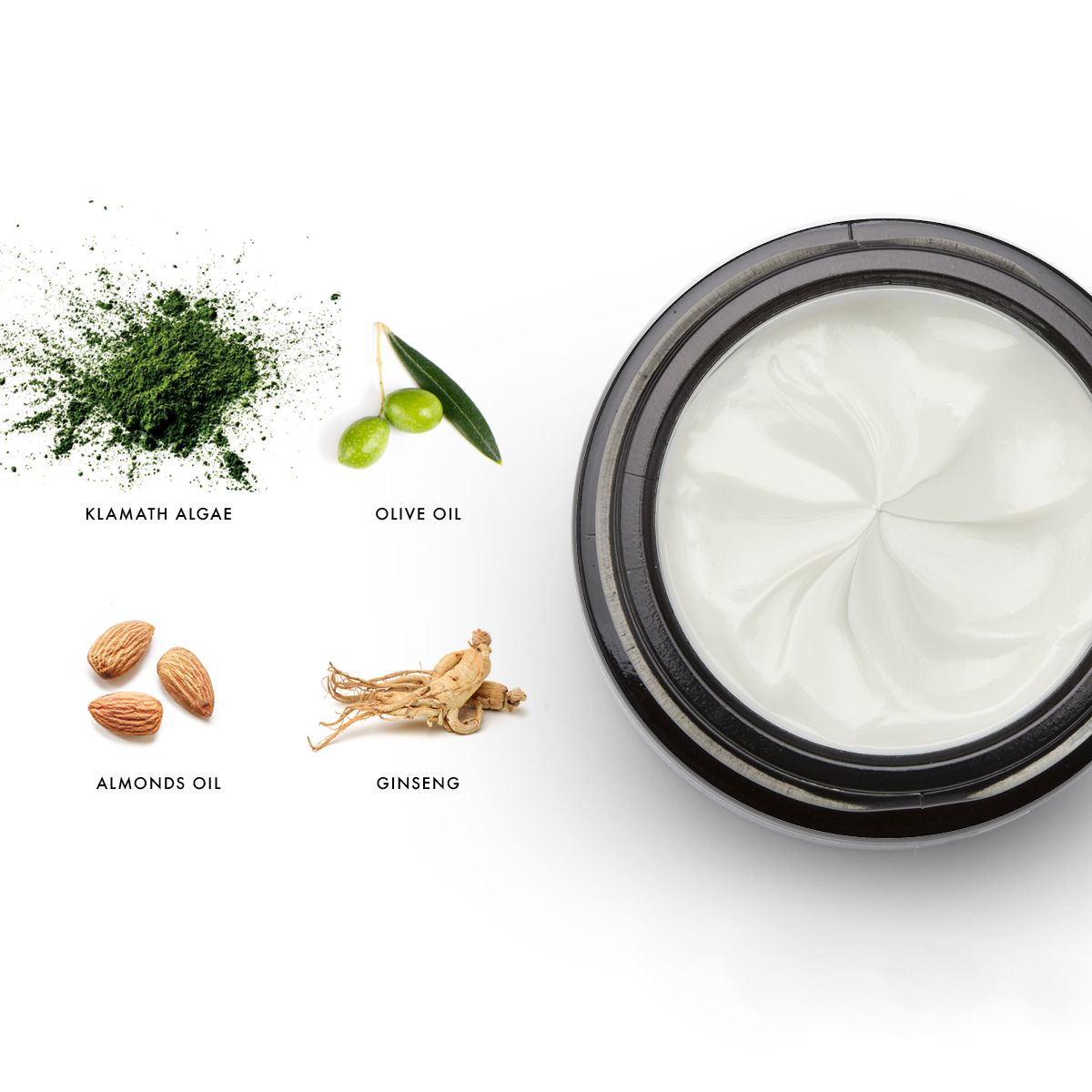 Vasetto di crema occhi Alkemy con ingredienti: alghe Klamath, olio d'oliva, olio di mandorle, ginseng.