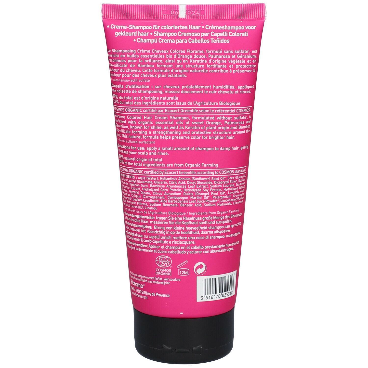 Retro del tubo rosa. Informazioni sullo shampoo per capelli colorati. Certificazione bio.