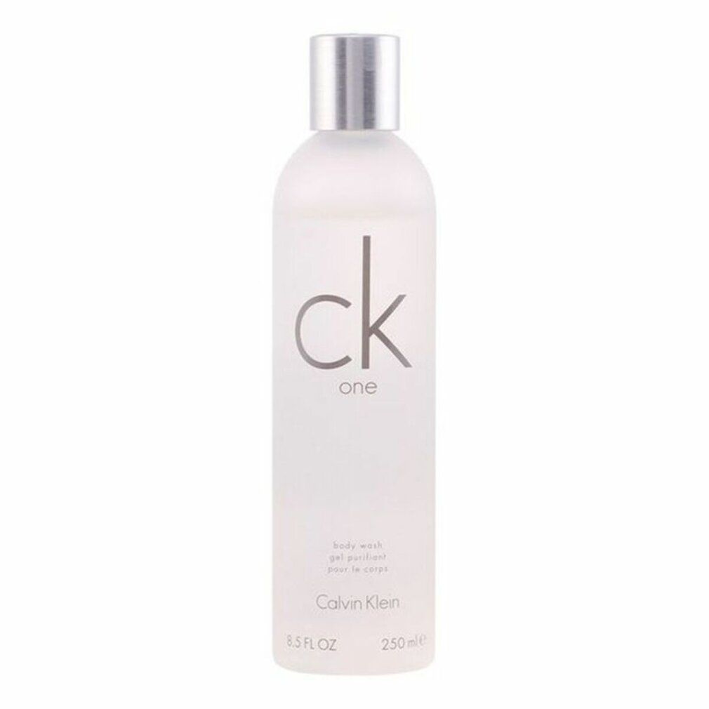 Flacone di bagnoschiuma con tappo argentato. Scritta "ck one" e "Calvin Klein". 250ml.