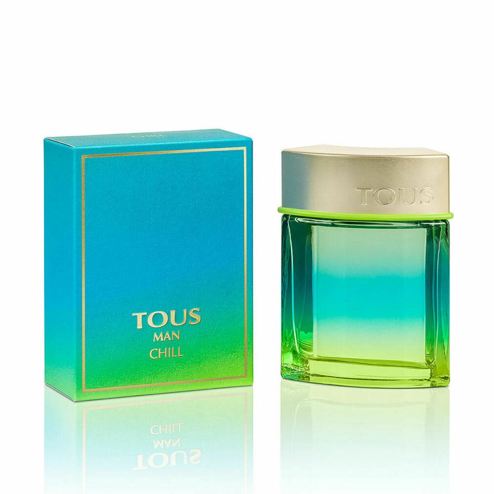 Flacone e scatola Tous Man Chill. Flacone quadrato, verde-blu. Scatola blu-verde con testo dorato. Tous Man Chill.