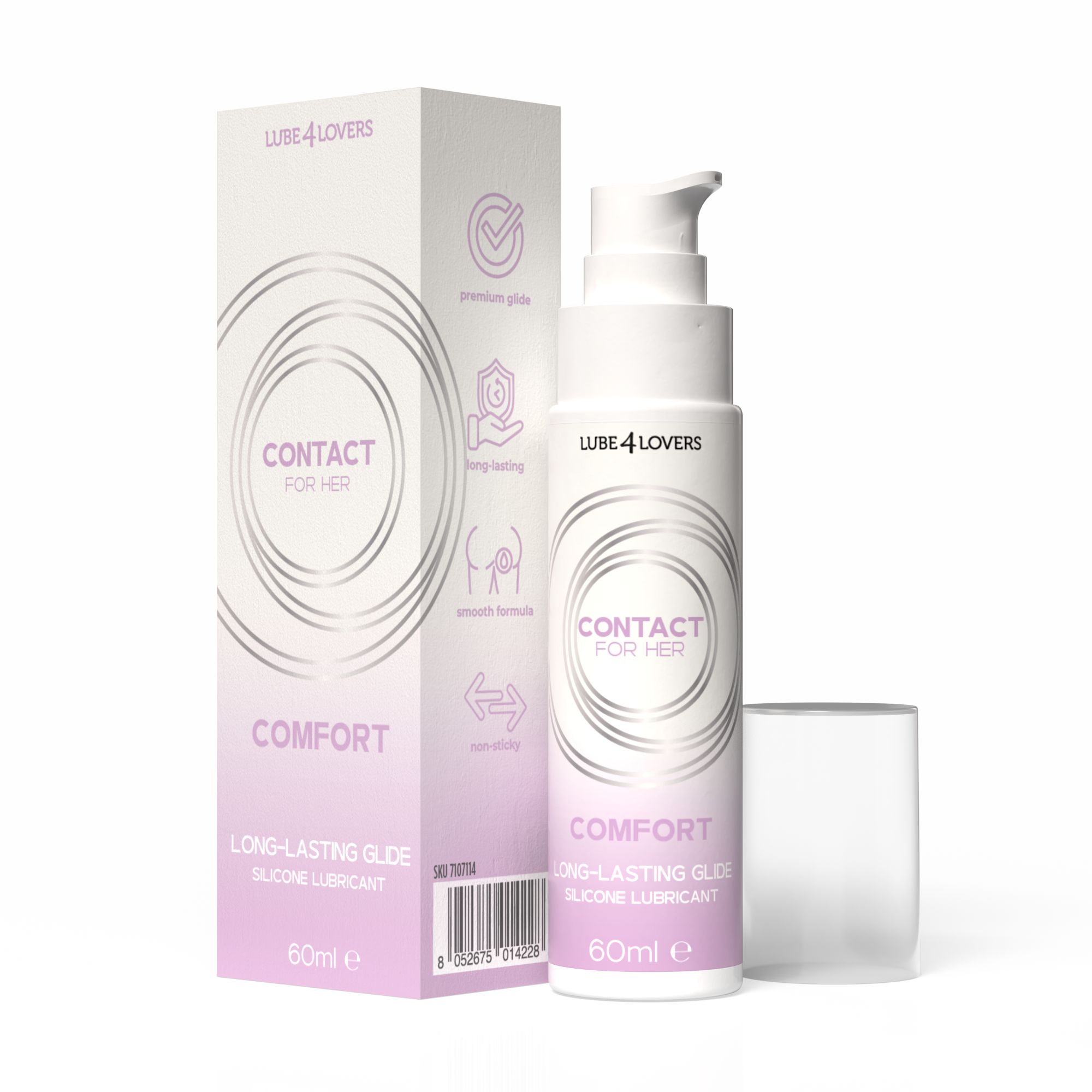 Flacone e confezione. Scritta: CONTACT FOR HER, COMFORT, LONG-LASTING GLIDE, SILICONE LUBRICANT, 60ml e. Marchio: LUBE 4 LOVERS. Coperchio accanto.