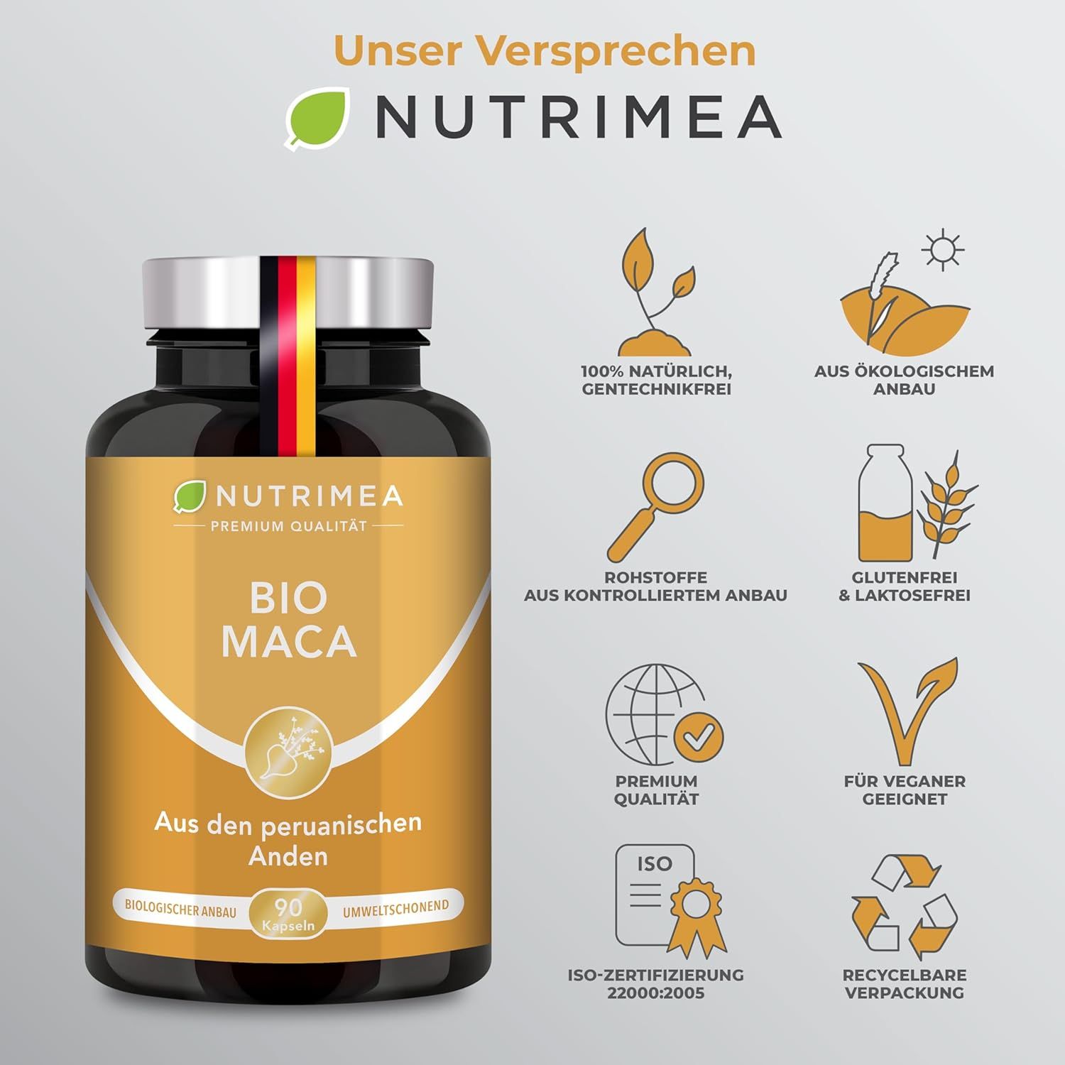 Flacone marrone con capsule. Scritta: BIO MACA, Nutrimea. Striscia bandiera tedesca. 90 capsule. Dalle Ande peruviane.