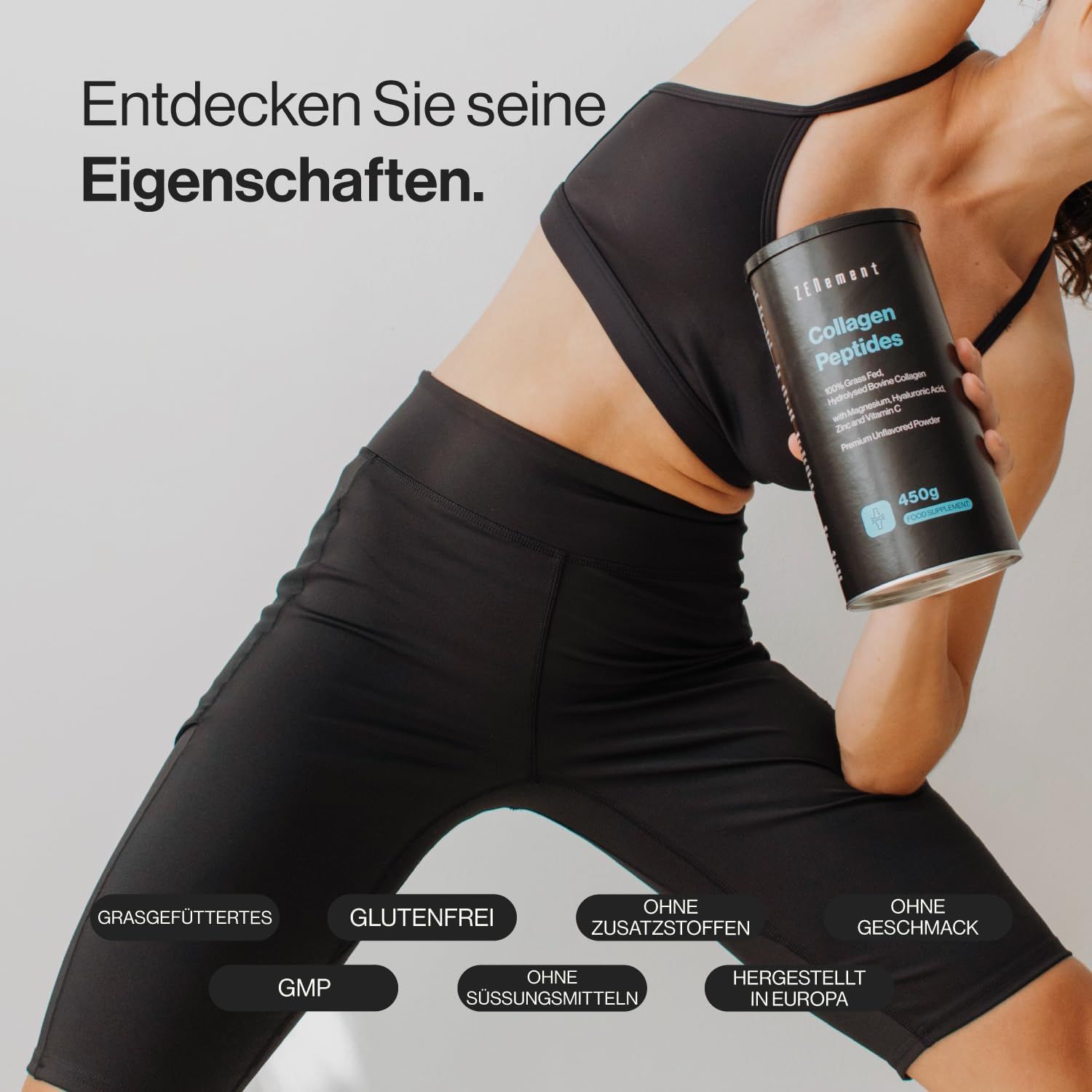 Barattolo di peptidi di collagene Zenement, 450g. Donna che tiene il barattolo. Testo: Senza glutine, senza additivi, senza sapore, GMP, senza dolcificanti, prodotto in Europa.