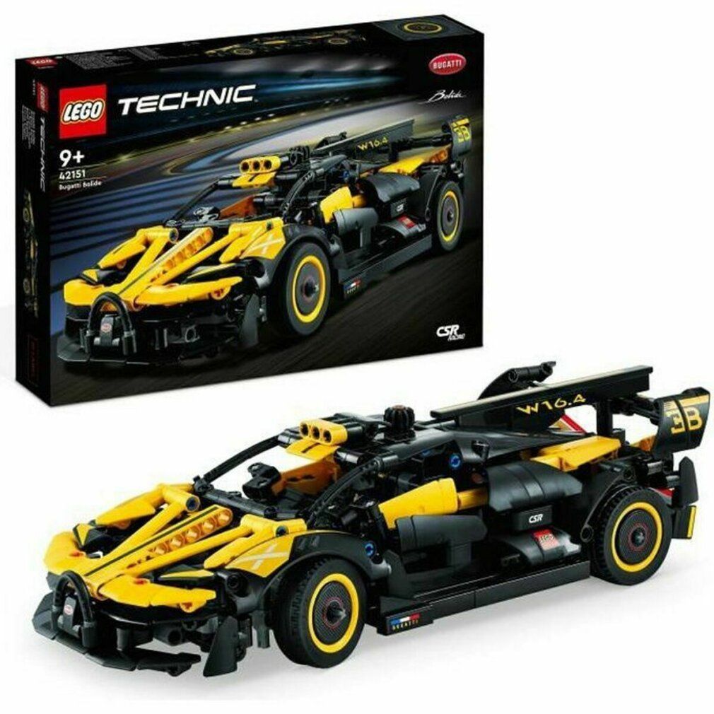 LEGO Technic 42151 Bugatti Bolide. Modello di auto giallo e nero con confezione. Scatola nera con logo e nome del prodotto. Il modello ha ruote e spoiler.