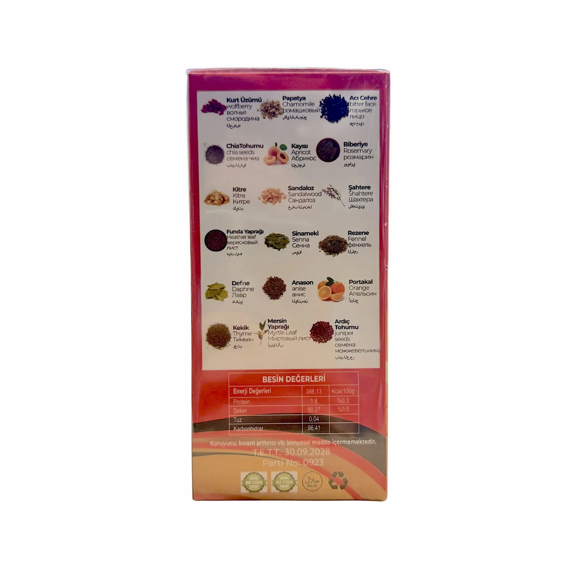 Confezione di tè alle erbe con ingredienti e informazioni nutrizionali. Illustrazioni di varie erbe e frutti. Testo in turco.