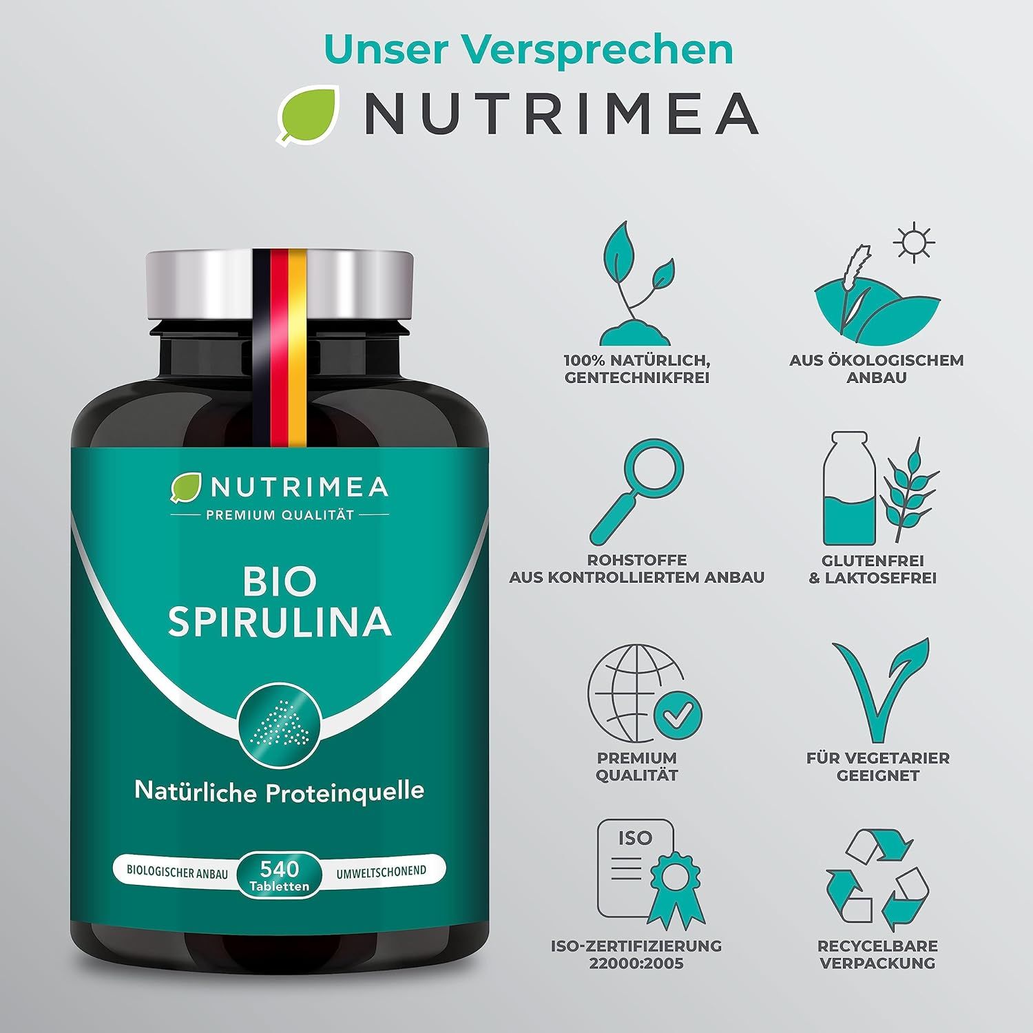 Flacone scuro di compresse di spirulina. Testo: BIO SPIRULINA, 540 compresse. Icone: naturale, ecologico, senza glutine, vegetariano, riciclabile.