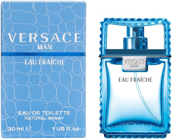 Flacone e confezione blu chiaro. Scritta: Versace Man Eau Fraiche. 30 ml.