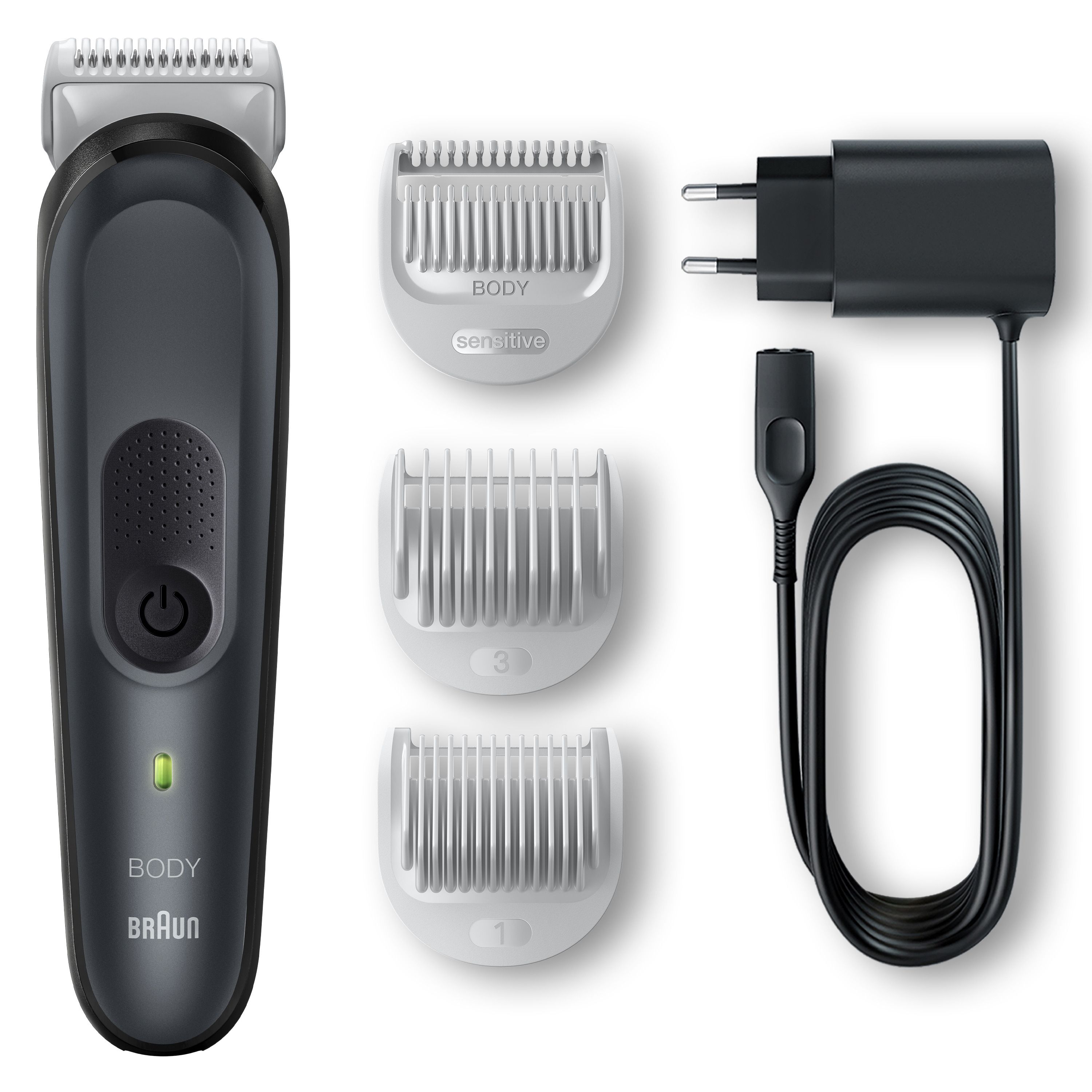 Braun BodyGroomer grigio. Rasoio, tre pettini, caricatore con cavo. Pettini: 1mm, 3mm, Sensitive. Caricatore nero.