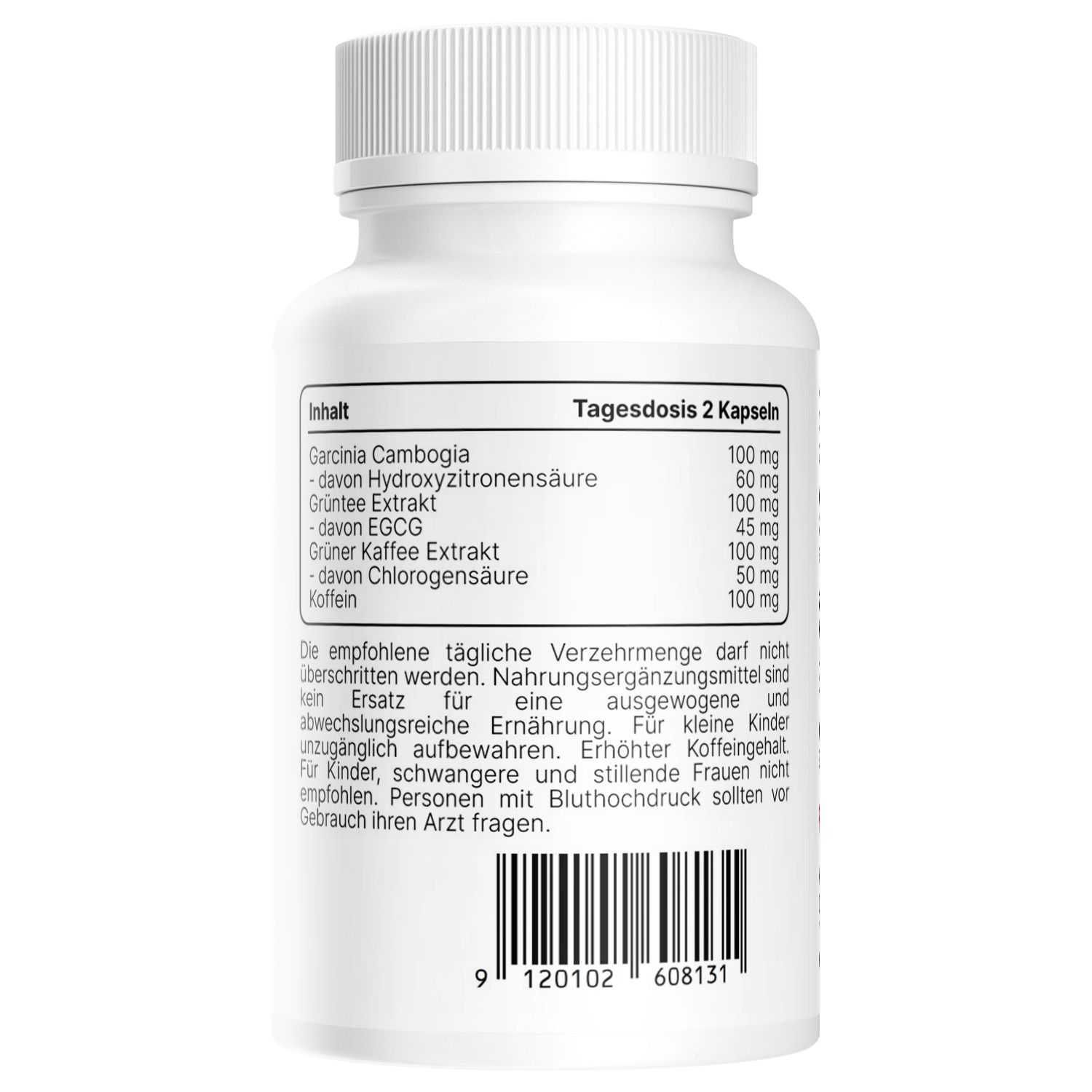 Retro del flacone bianco. Testo: Ingredienti e dose giornaliera raccomandata. Avvertenze. Codice a barre.