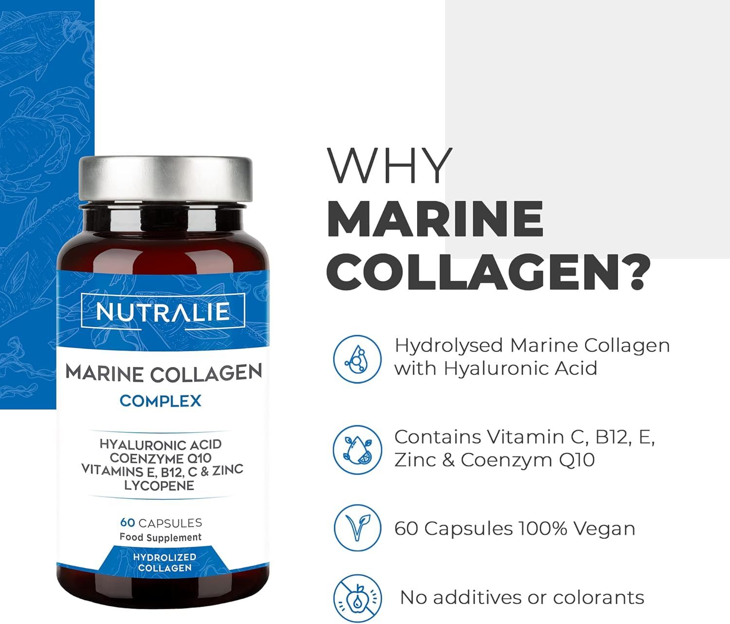 Flacone Nutralie Marine Collagen Complex. Testo: Perché il collagene marino? Contiene vitamina C, B12, E, zinco e Q10.