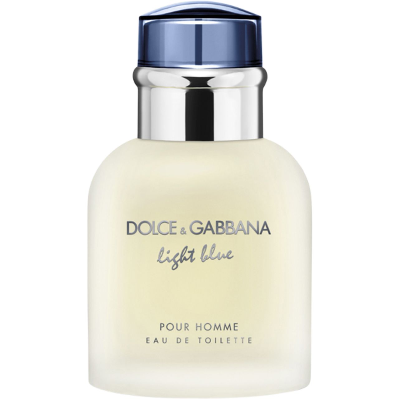 Flacone di Dolce & Gabbana Light Blue Pour Homme EdT Nat. Spray. Vetro chiaro, collo argento, tappo blu. Scritta.