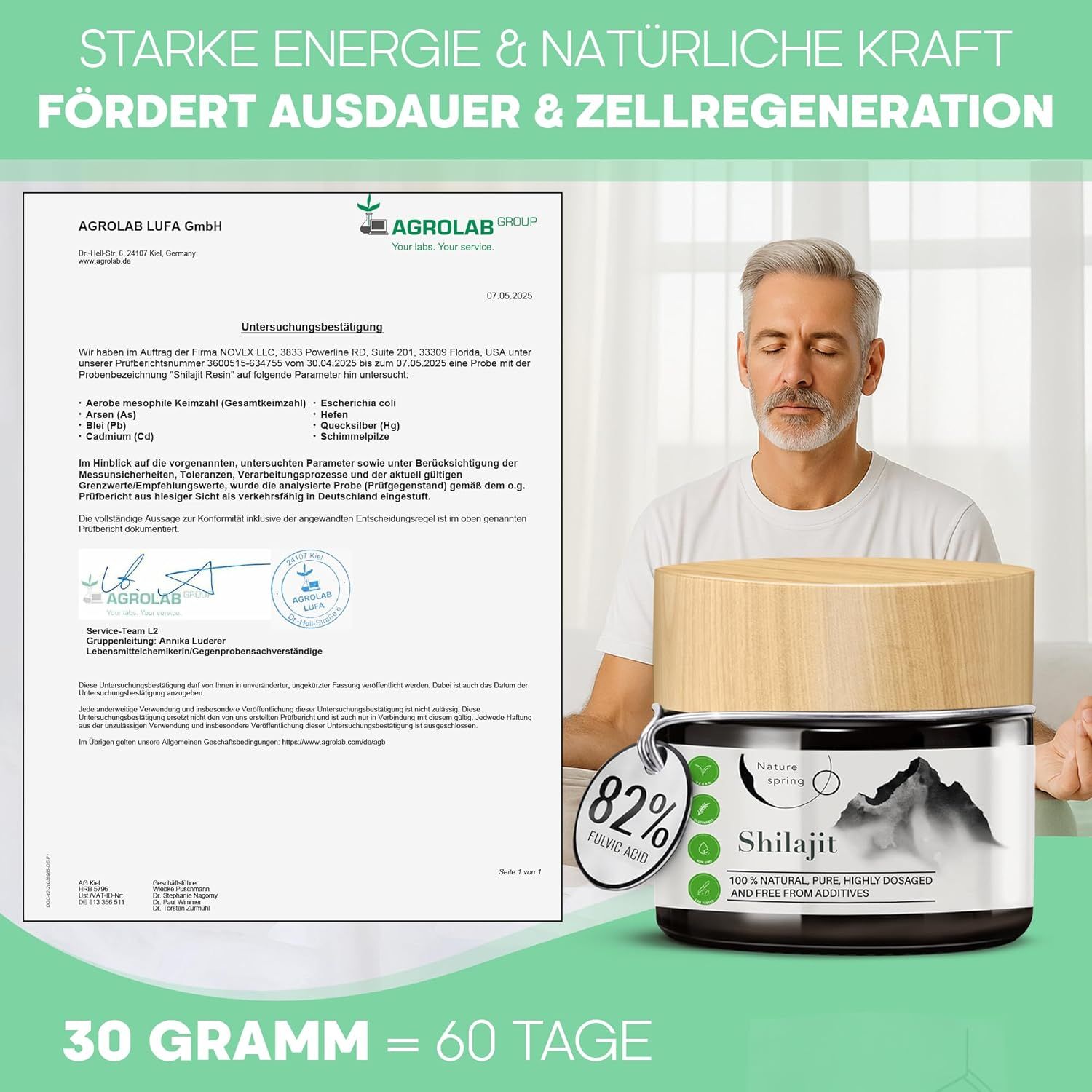 Vasetto di Shilajit con coperchio in legno, accanto a certificato. Uomo medita. Testo: 82% acido fulvico. 30 grammi = 60 giorni. Certificazione Agrolab.