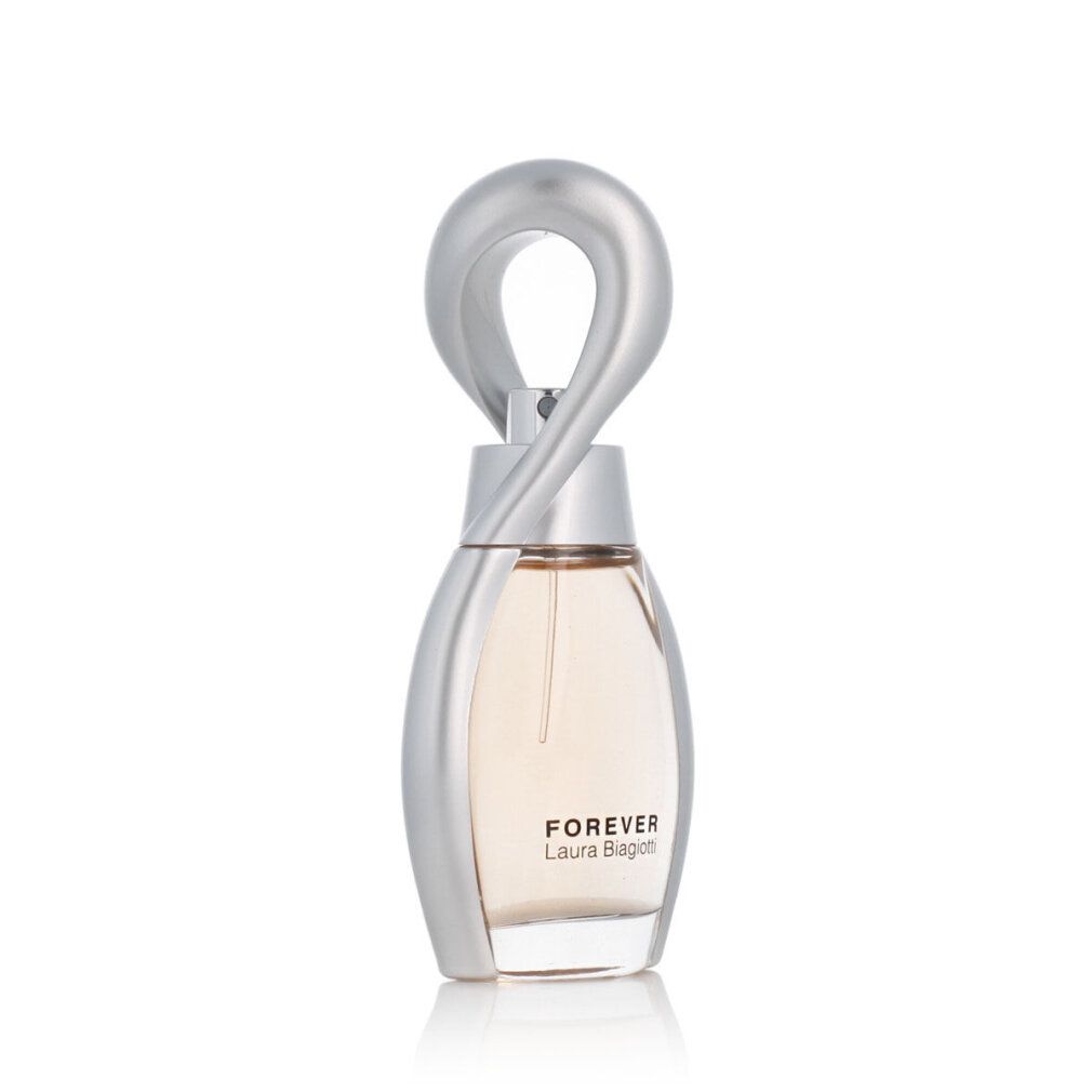 Flacone di profumo con tappo bianco. Liquido chiaro. "Forever Laura Biagiotti".