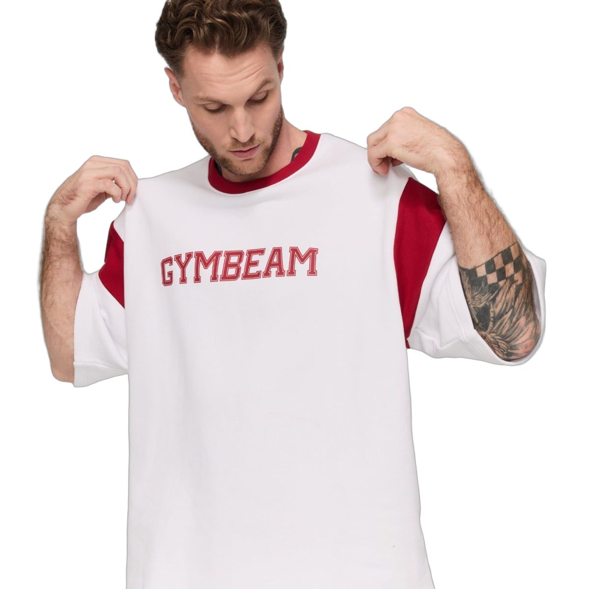 GymBeam T-shirt uomo oversize manica corta Varsity bianco-rosso