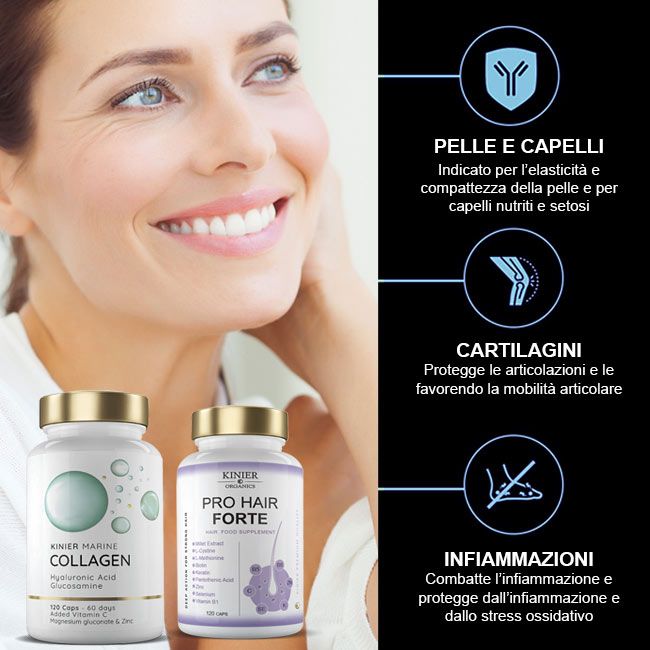 Donna sorridente. Due flaconi di capsule. Uno con la scritta "MARINE COLLAGEN". L'altro con la scritta "PRO HAIR FORTE".