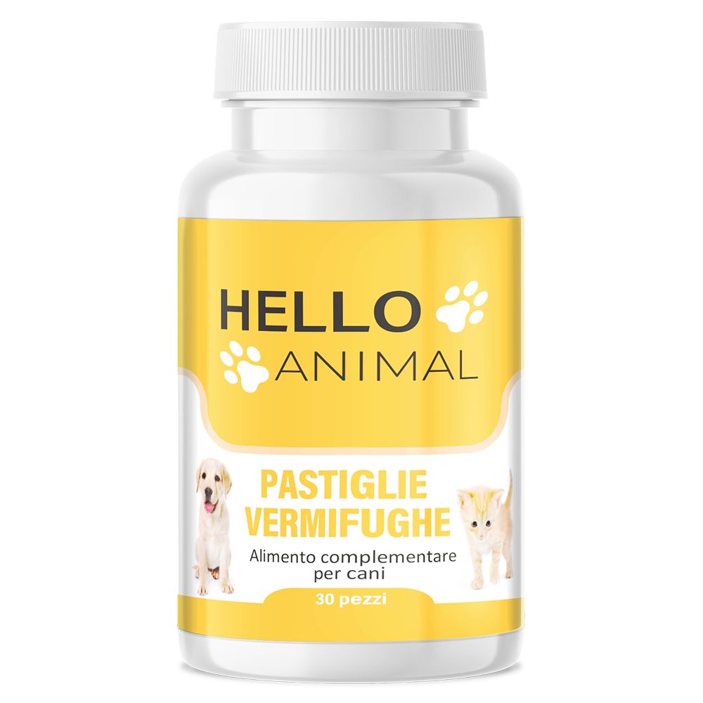 Flacone di pillole bianco con etichetta gialla. Scritta: HELLO ANIMAL, Pastiglie Vermifughe, 30 pezzi.