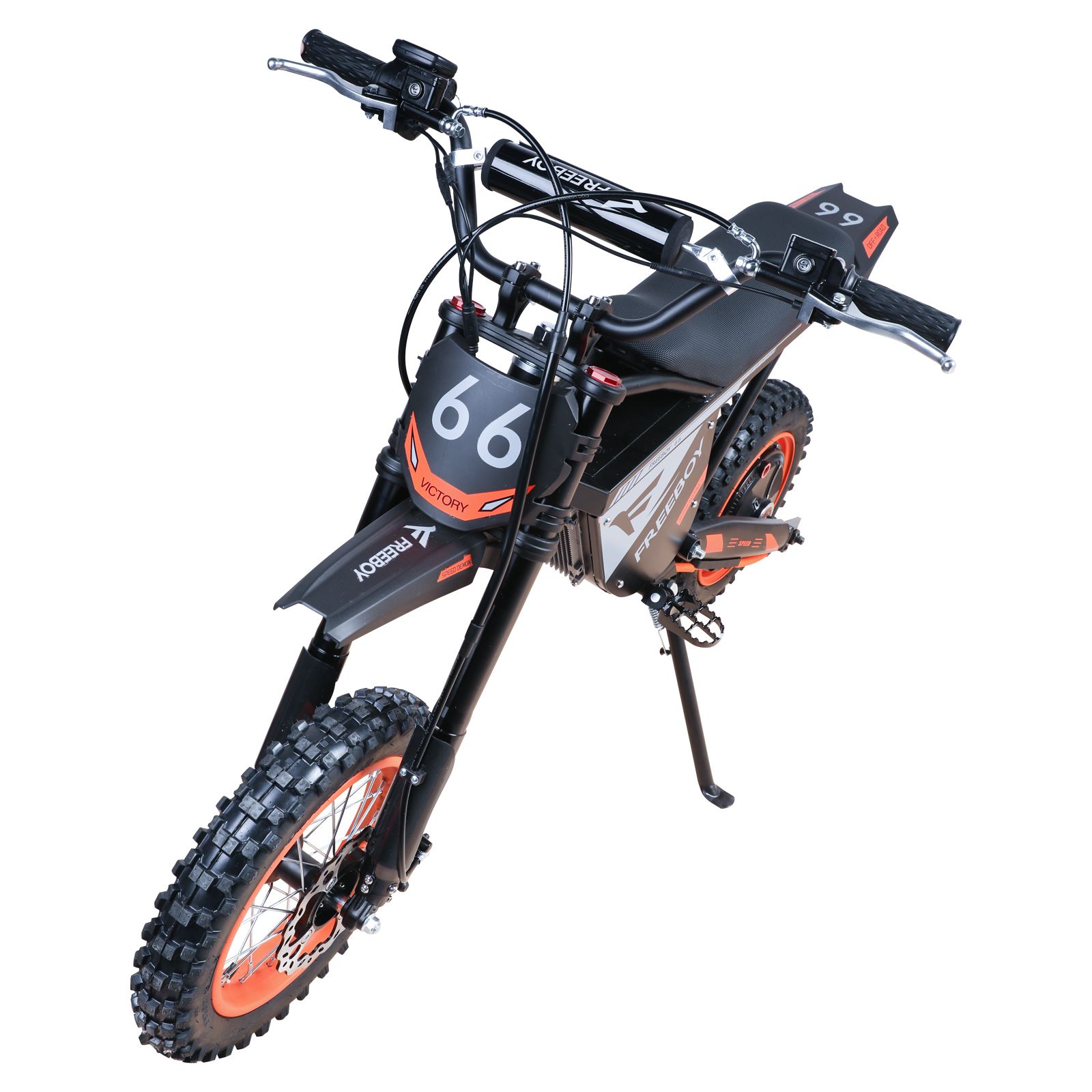 Dirt bike nero con ruote arancioni. Logo FREEBOY visibile, numero 66, manubrio.