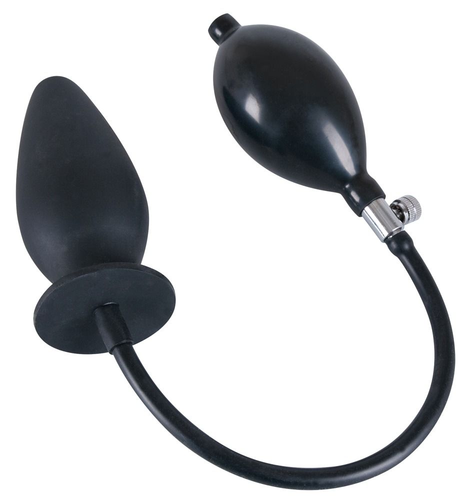Plug anale gonfiabile nero in silicone con pompa manuale integrata, vista frontale.