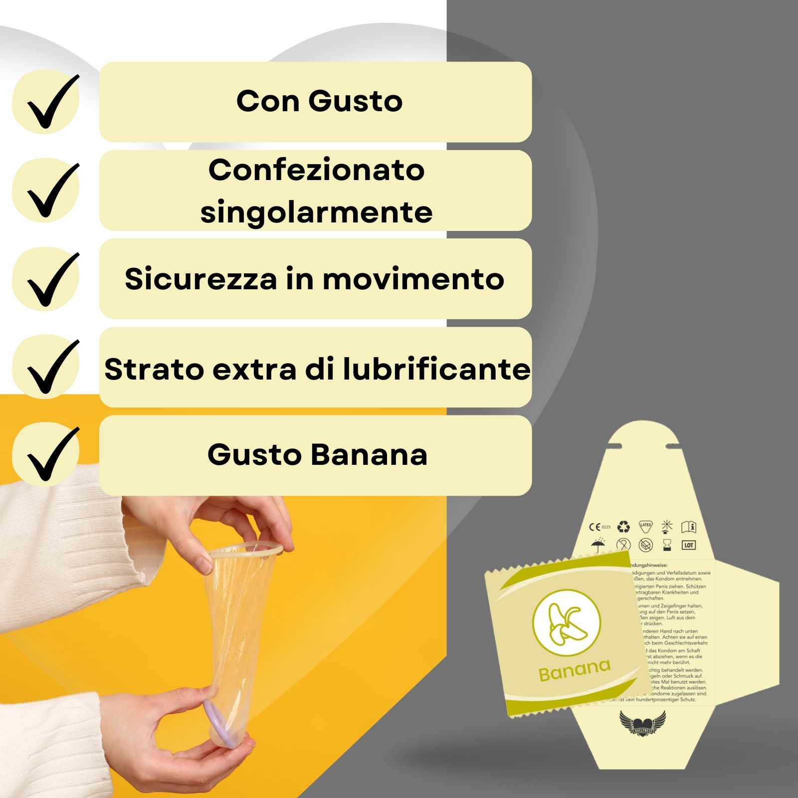 Confezione di preservativi, gusto banana, confezionati singolarmente, logo.
