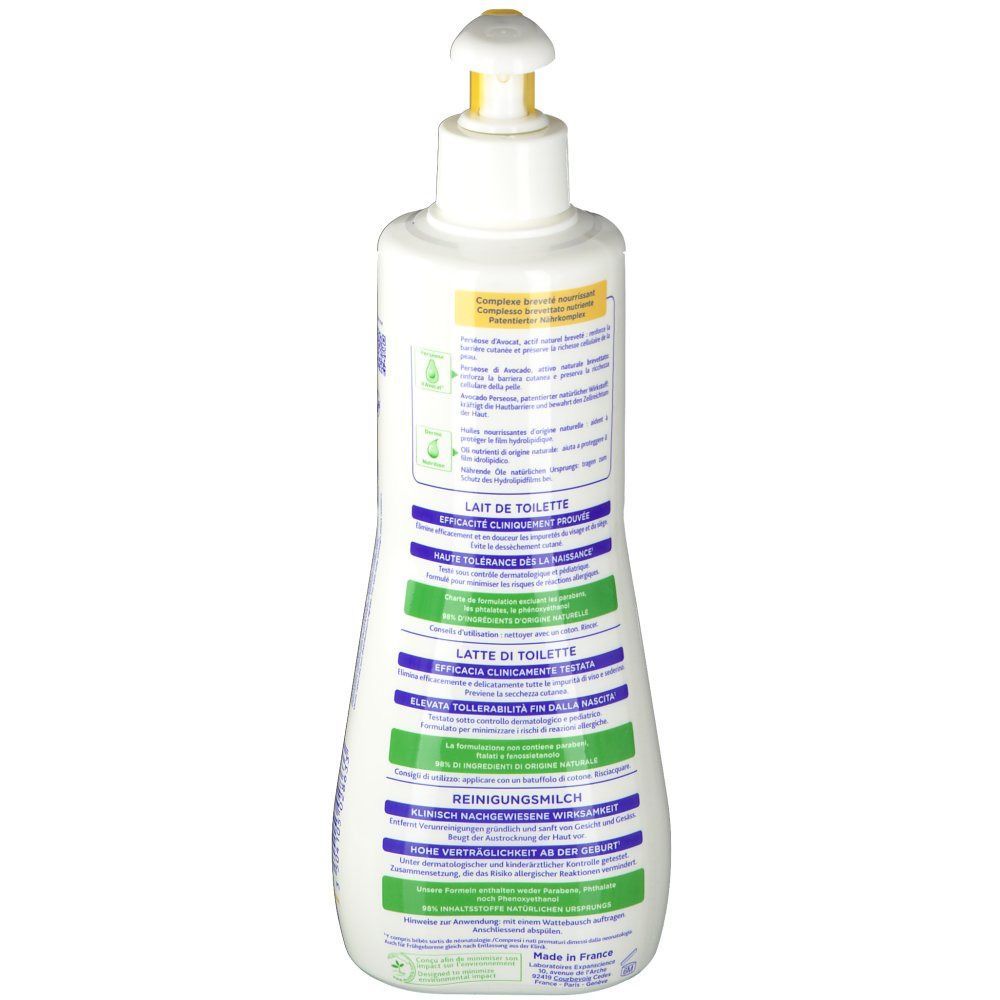 Flacone bianco con dosatore giallo. Etichette multilingue con testo. Nome del prodotto e ingredienti.