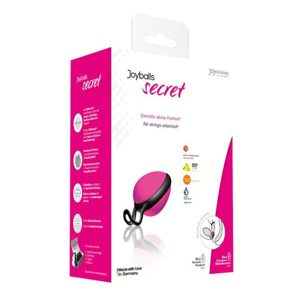 Confezione di Joyballs secret. Scatola rosa e bianca con immagine del prodotto. Testo: Joyballs secret, Made with Love in Germany.
