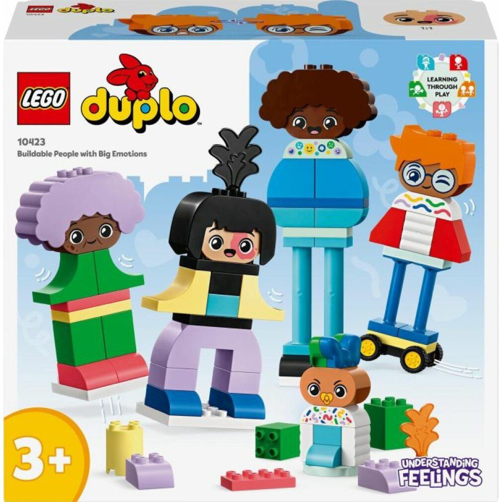 Set LEGO DUPLO con personaggi. Personaggi di vari colori e forme. Confezione con nome del prodotto e età consigliata.
