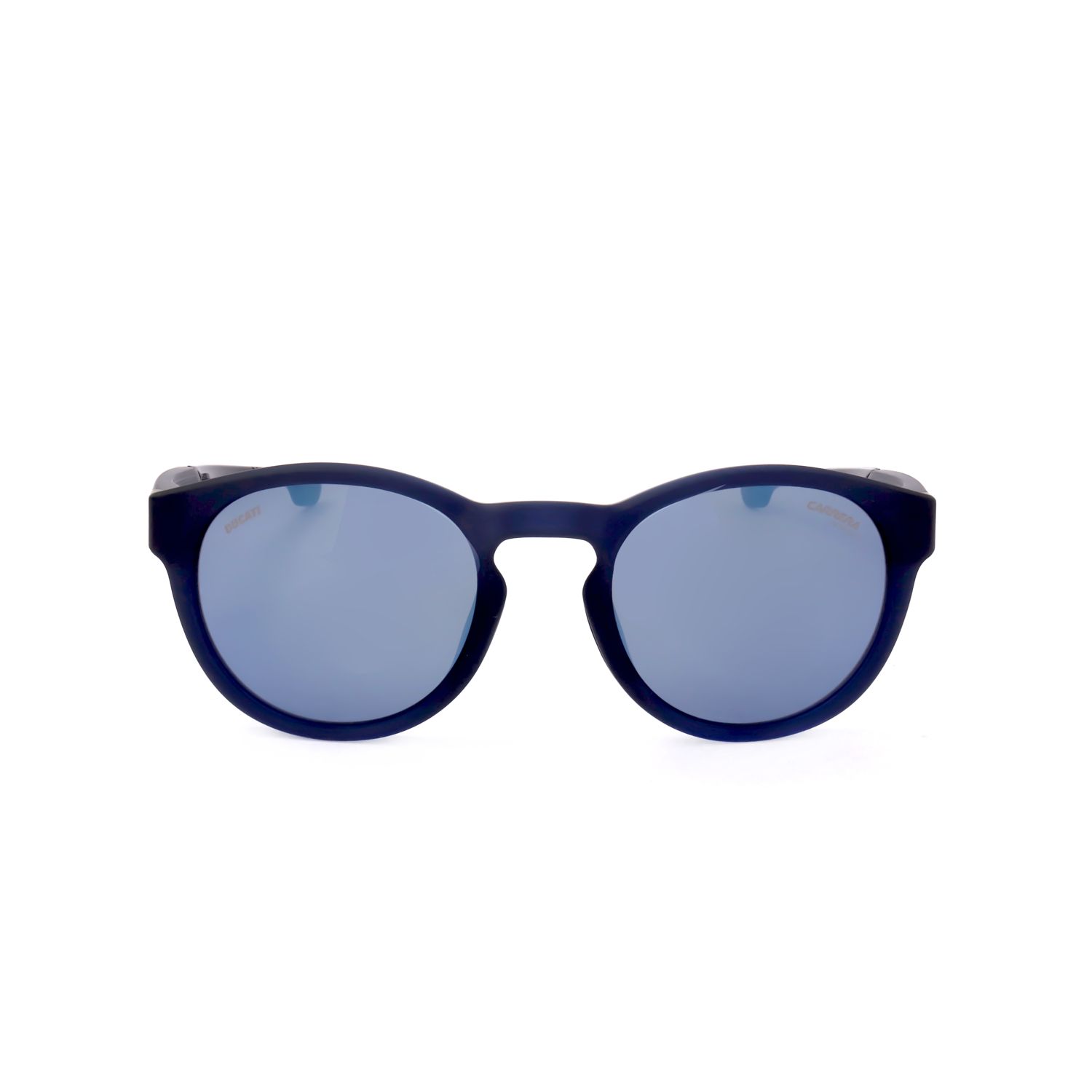 Occhiali da sole blu scuro con lenti rotonde blu e montatura opaca.