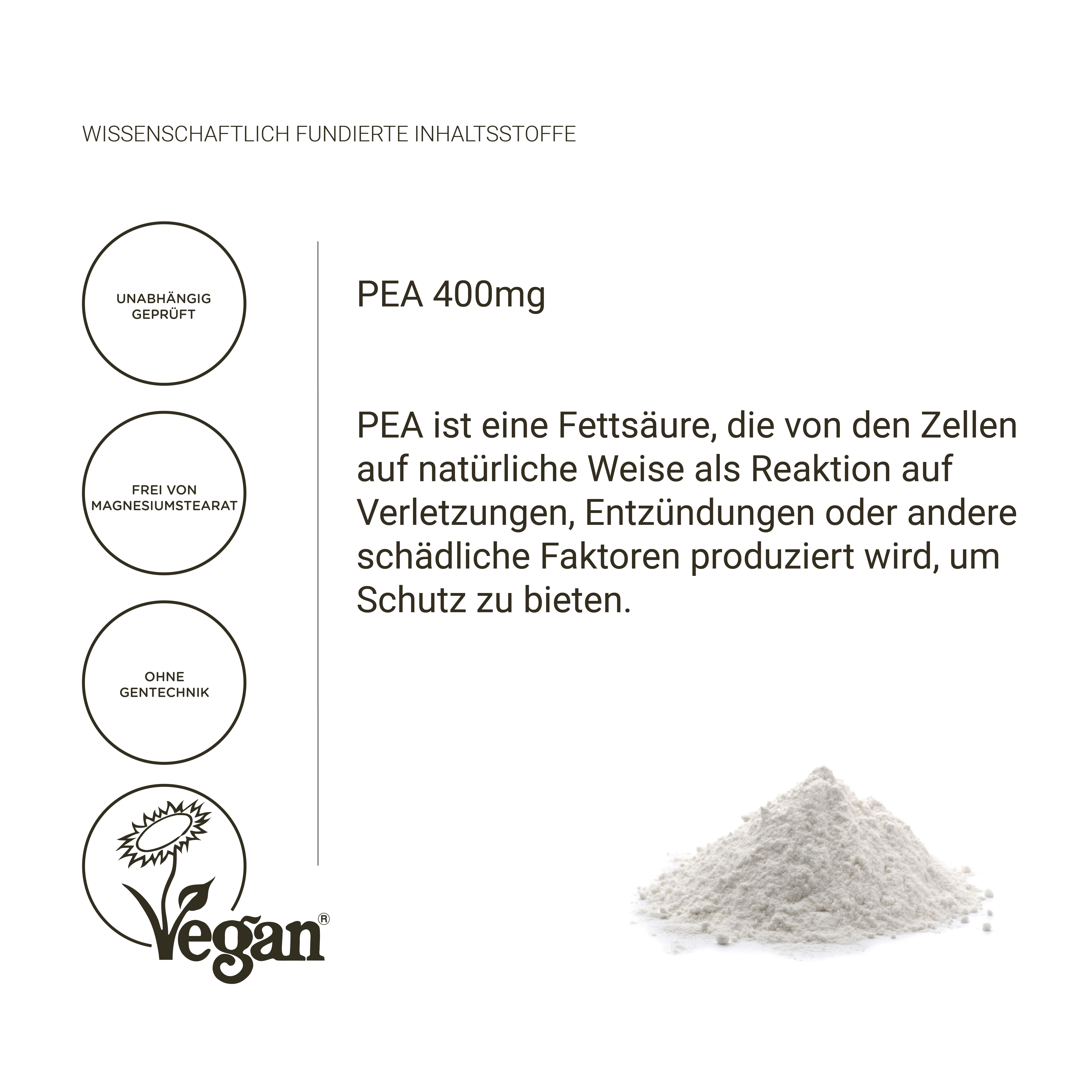 Pila di polvere bianca. Testo: PEA 400mg. Logo Vegan. Testo: La PEA è un acido grasso prodotto dal corpo.