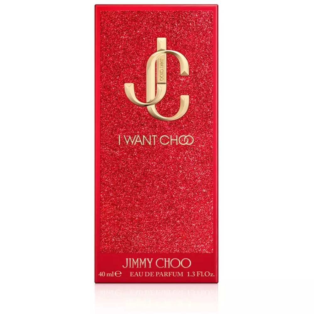 Confezione rossa con logo dorato e scritta "I WANT CHOO". In basso, "JIMMY CHOO" e "EAU DE PARFUM".
