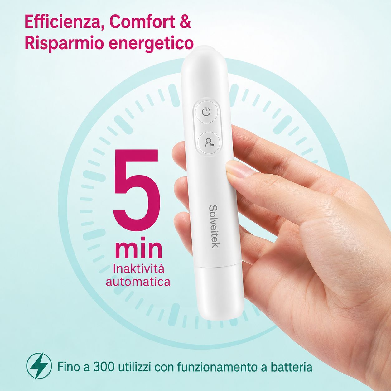 Dispositivo bianco per punture d'insetti in una mano. Funzione di inattività di 5 minuti. Nome: Solveitek.