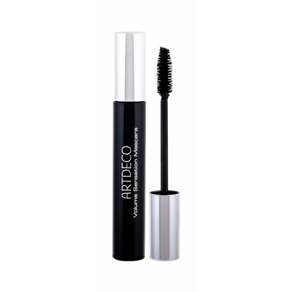 Tubo di mascara nero Artdeco Volume Sensation con cappuccio argentato e spazzola. Spazzola estratta.