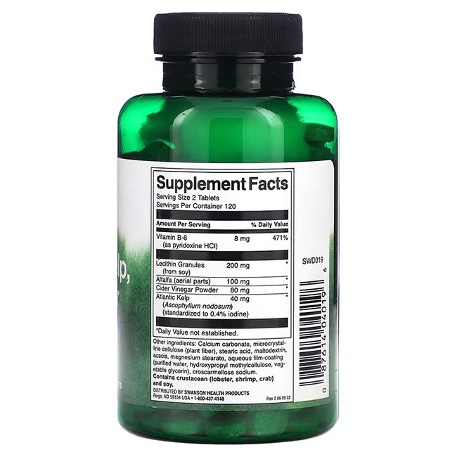 Retro del flacone verde. Etichetta bianca con informazioni nutrizionali e ingredienti. Marchio SWANSON.