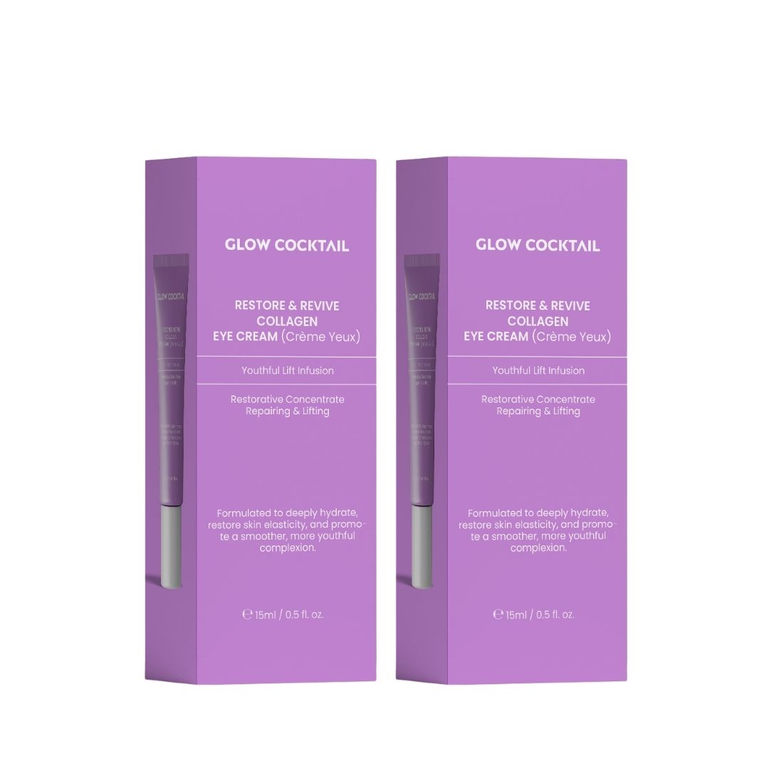 Due scatole viola con tubetti di crema per gli occhi. Scritta: Glow Cocktail, Restore & Revive Collagen Eye Cream. Contiene 15ml.