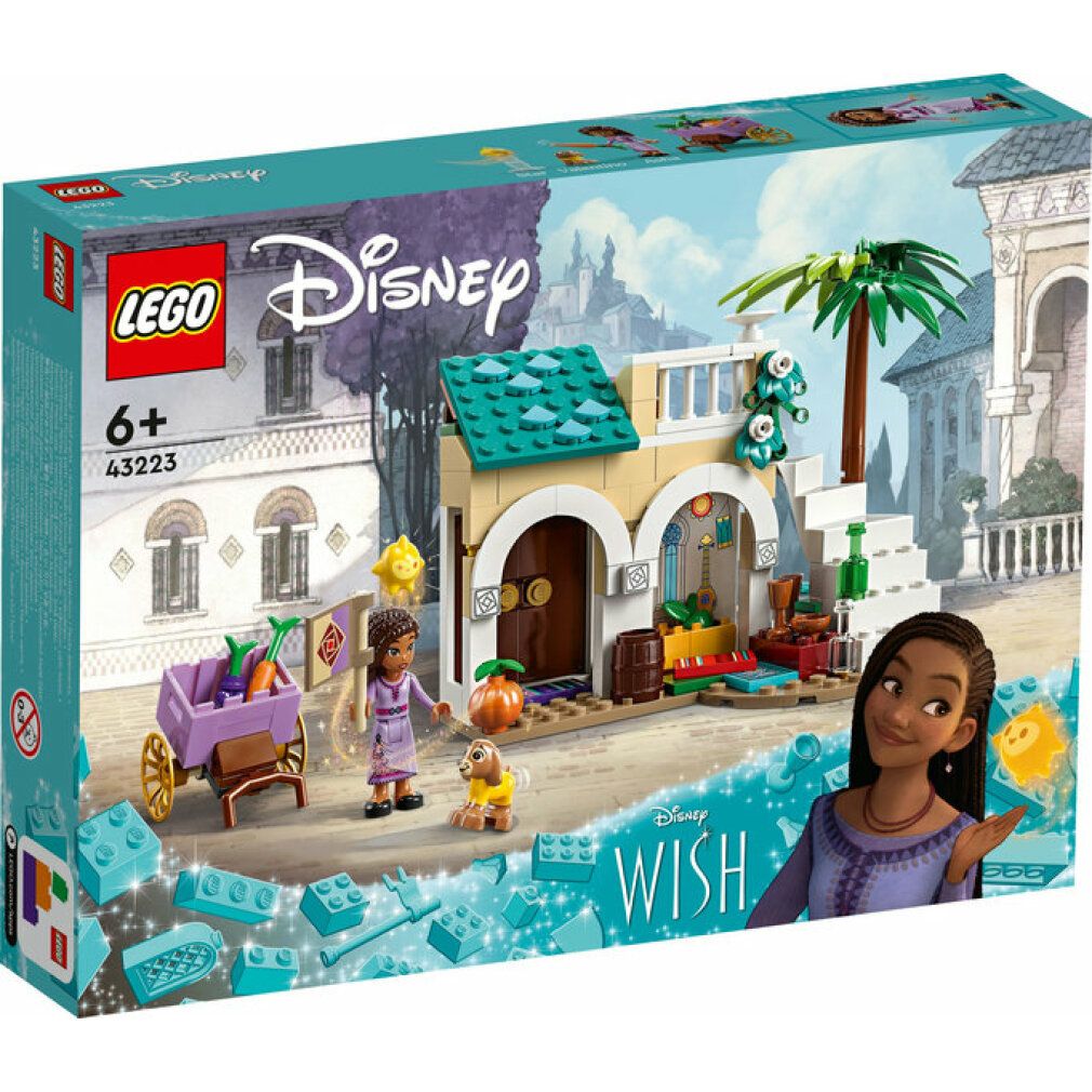 LEGO Disney Wish 43223. Set con mini bambolina Asha, edificio, carretto, animali e accessori. Confezione con logo ed età consigliata.