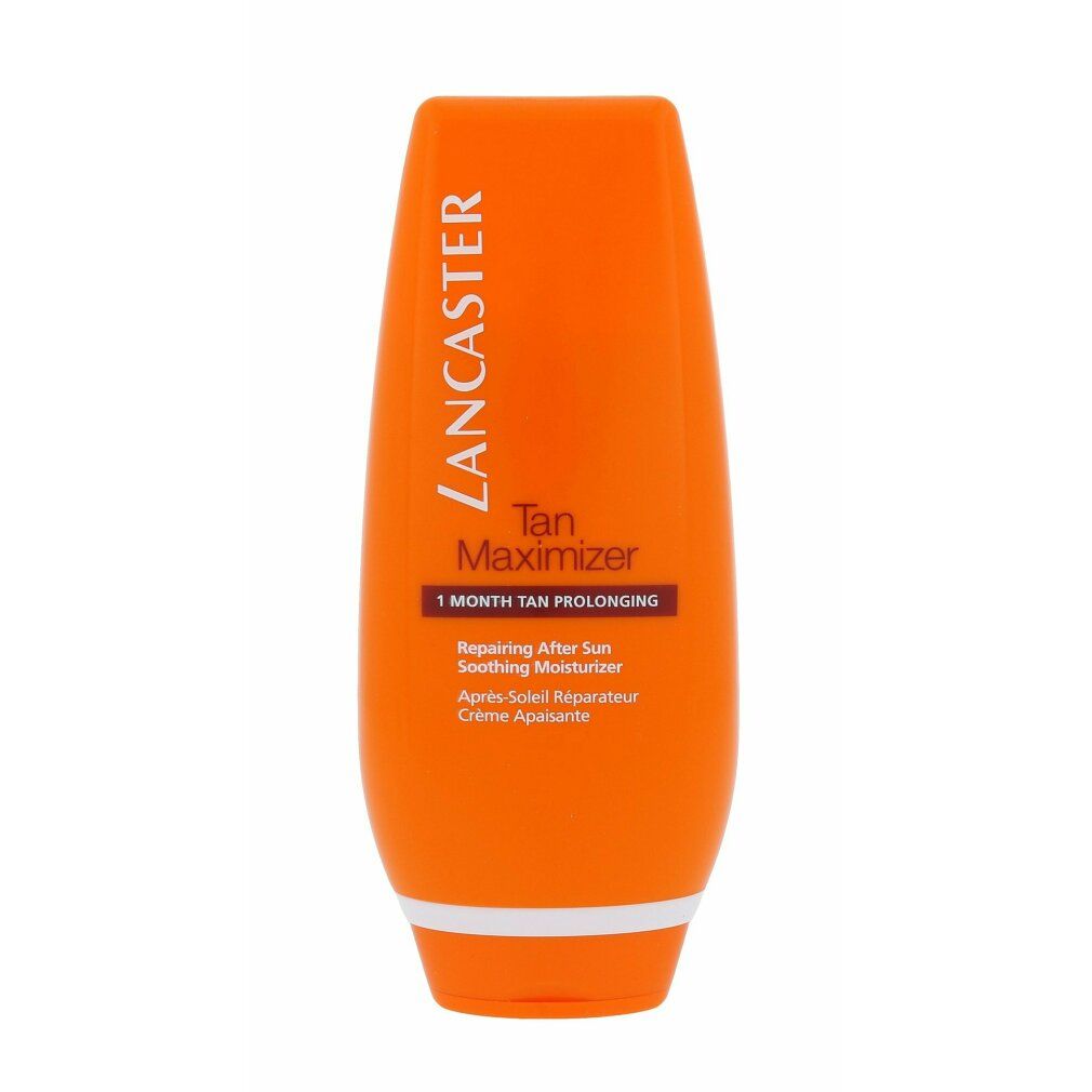 Tubo arancione. Scritta: Lancaster, Tan Maximizer, 1 Month Tan Prolonging, Repairing After Sun Soothing Moisturizer.