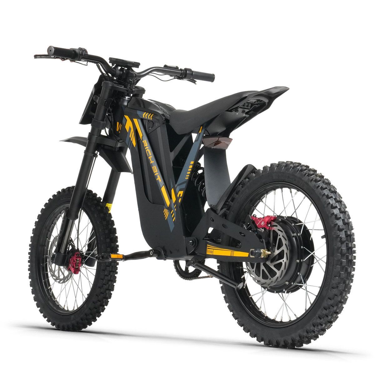 E-bike da fuoristrada nero con dettagli gialli. Sospensioni complete, pneumatici off-road, freni a disco. RICH BIT V9 Ultra.
