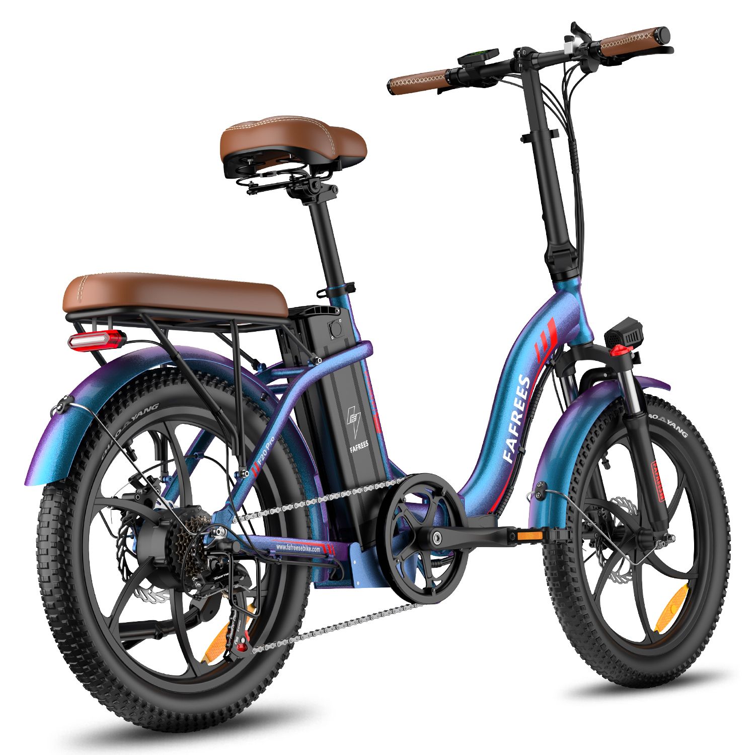 Bicicletta elettrica FAFREES F20 Pro blu. Sella marrone, pneumatici neri. Vista posteriore con portapacchi.