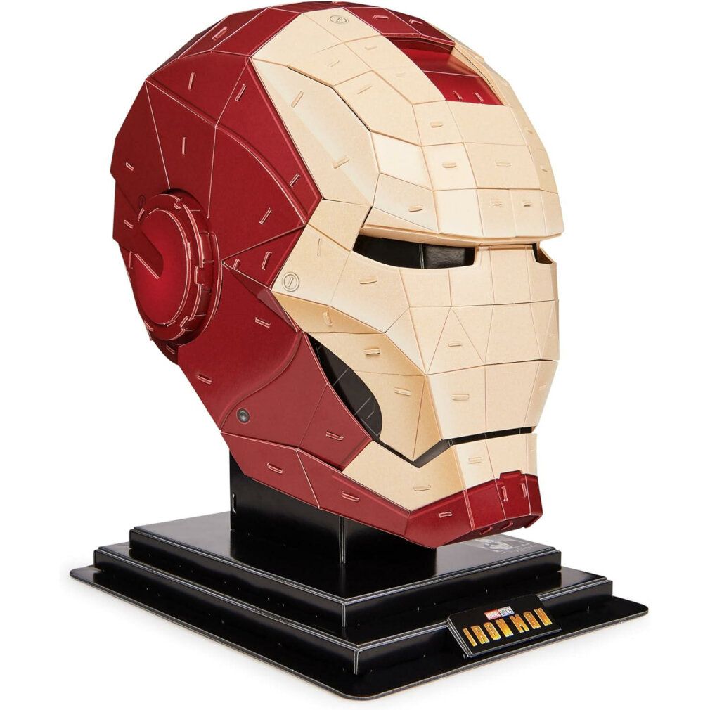 Puzzle Casco Iron Man, rosso e beige. Su base nera. Logo Marvel visibile.