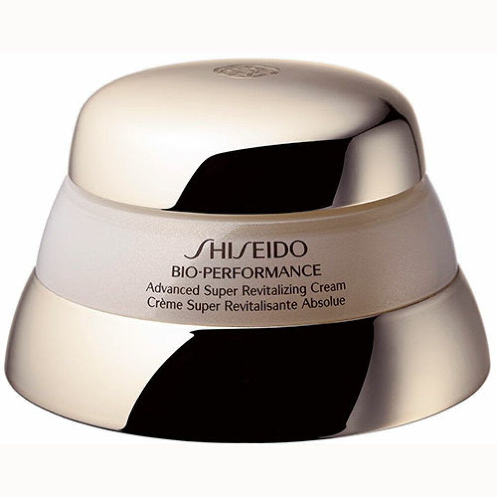Vaso di crema con coperchio. Scritta: Shiseido Bio-Performance Advanced Super Revitalizing Cream.