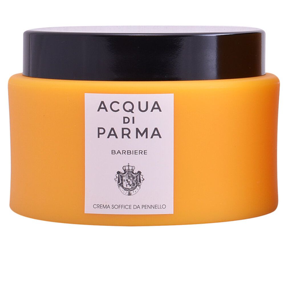 Barattolo giallo con coperchio nero. Etichetta "Acqua di Parma Barbiere" e stemma.