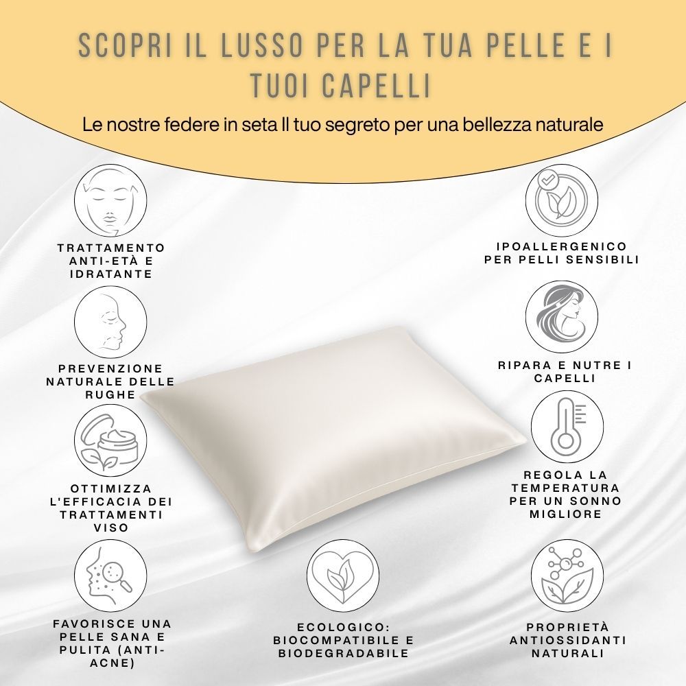 Cuscino con testo e grafica. Testo: « Scopri il lusso per la tua pelle e i tuoi capelli ». Federa in seta.